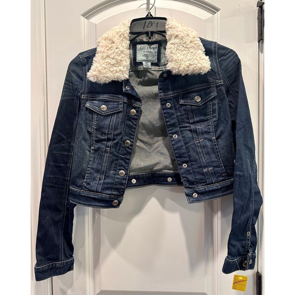 Guess 1981 Sherpa Collar Jean Jacket Womens Size M Blue Excellent Cropped Denim